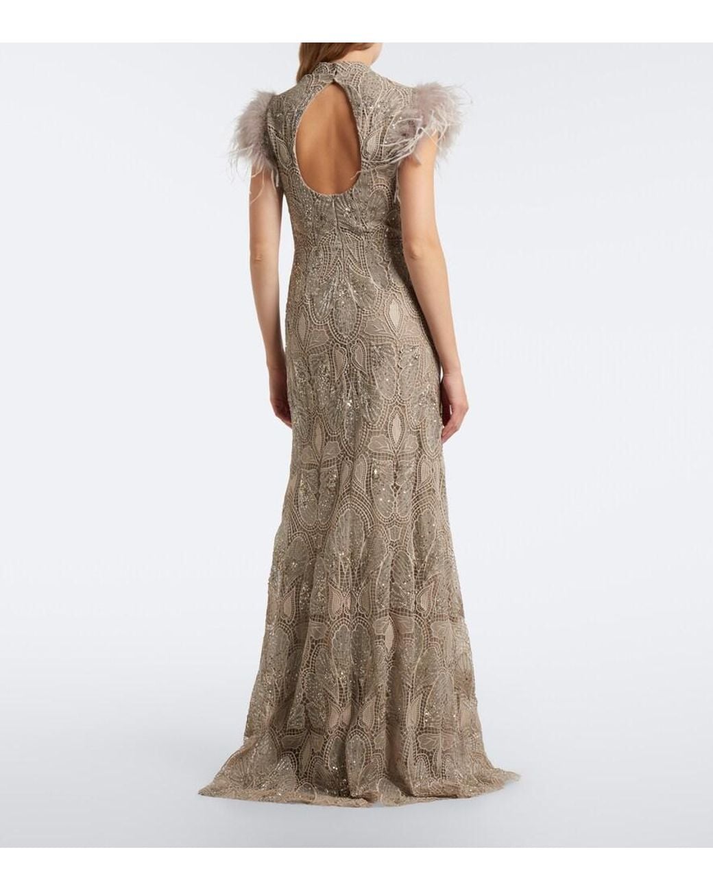 Georges Hobeika Natural Embellished Guipure Lace Gown