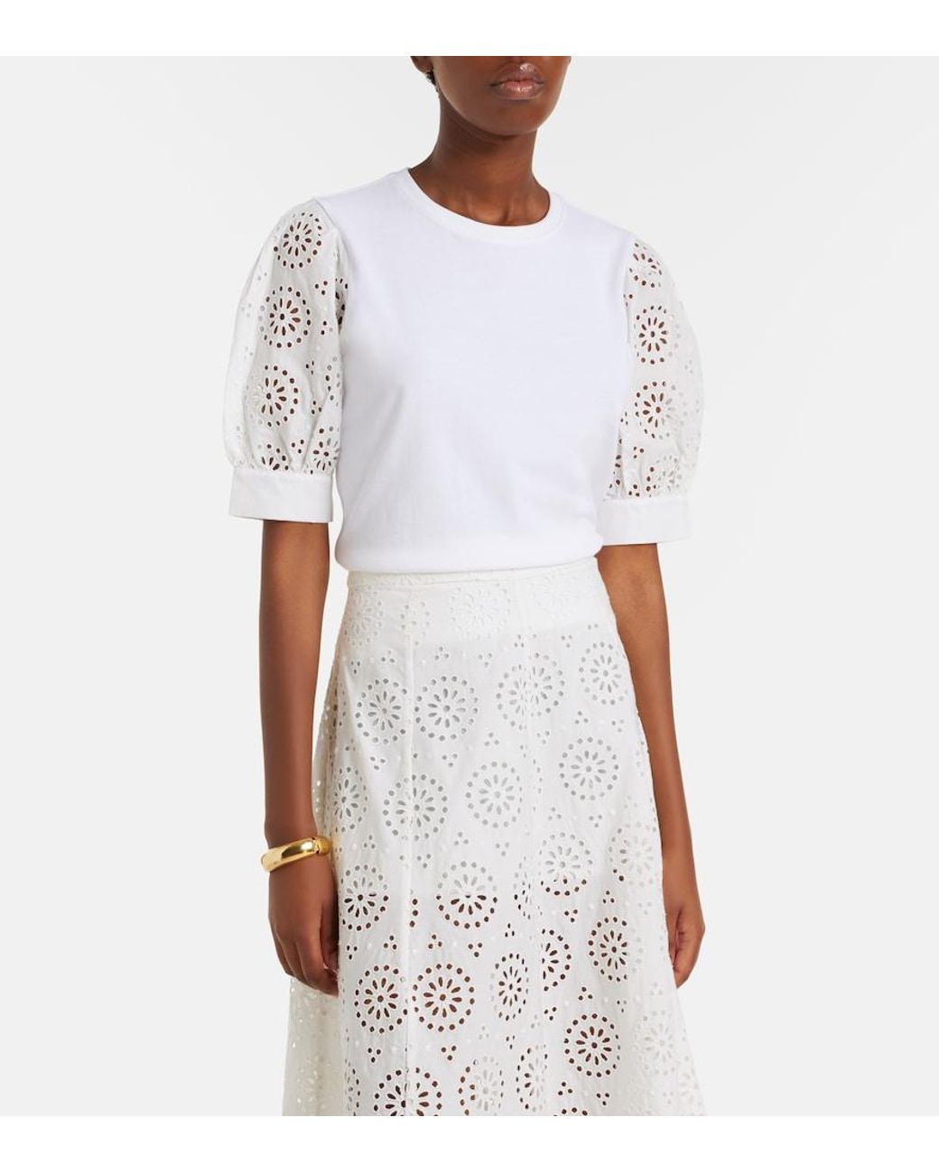 FRAME White The Deco Broderie Anglaise Cotton T-Shirt