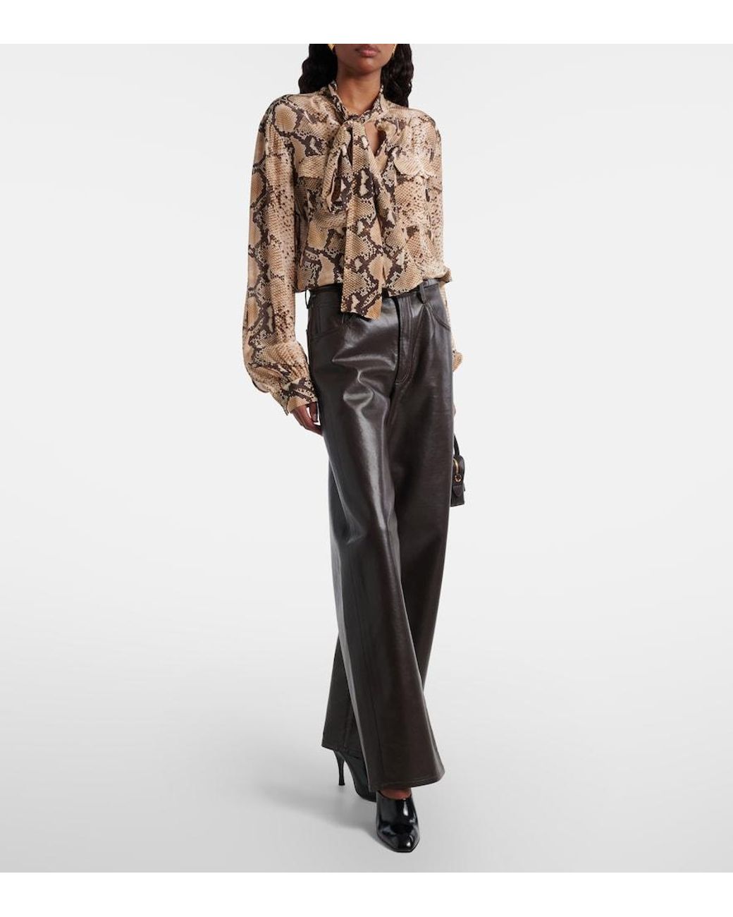 7 For All Mankind Natural Snake-Print Tie-Neck Blouse