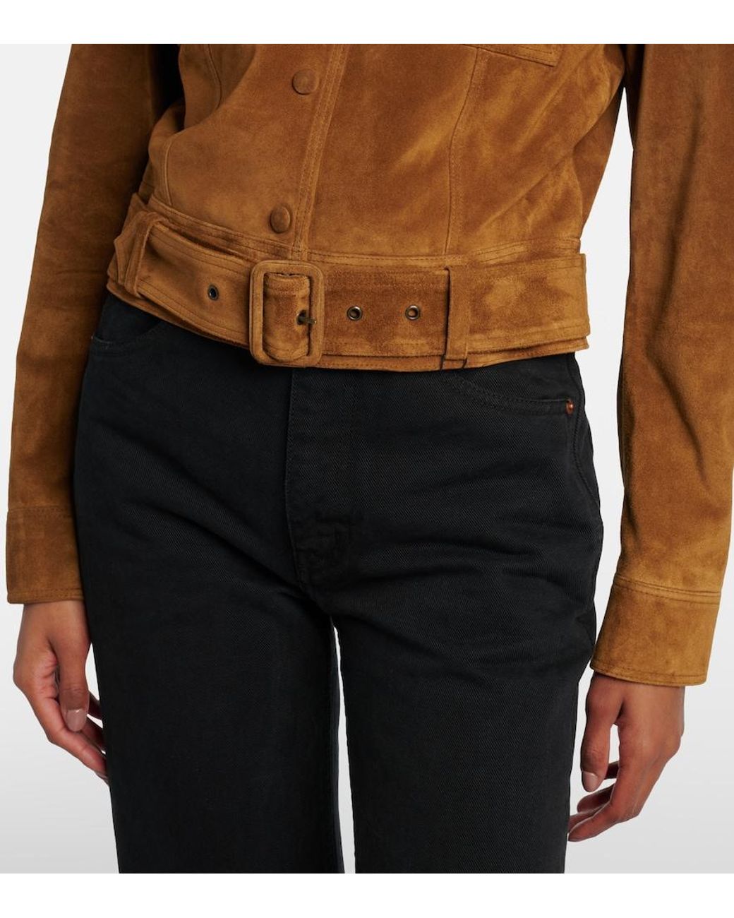 Saint Laurent Brown Belted Cropped Suede Jacket