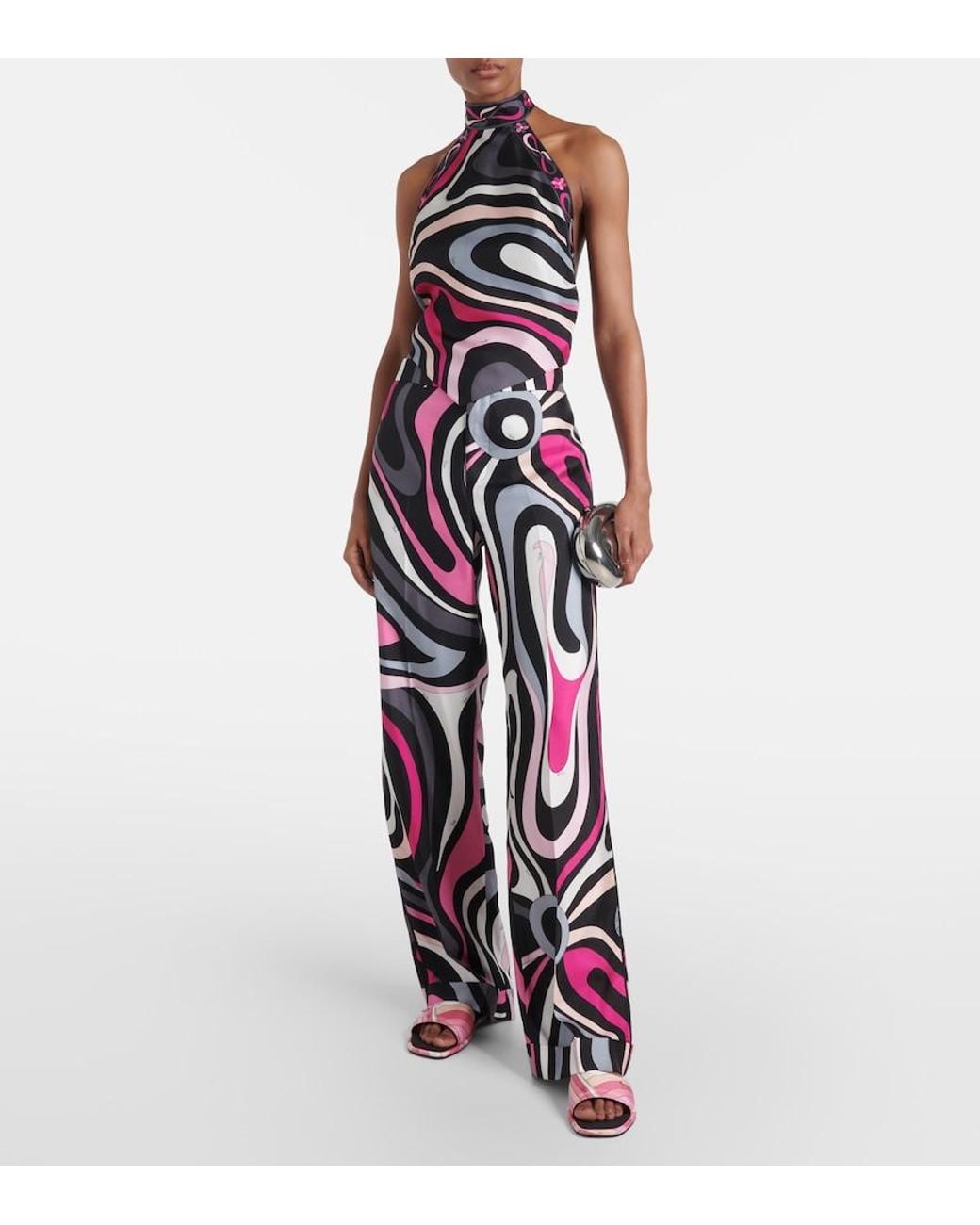 Emilio Pucci Red Marmo Silk Twill Straight Pants