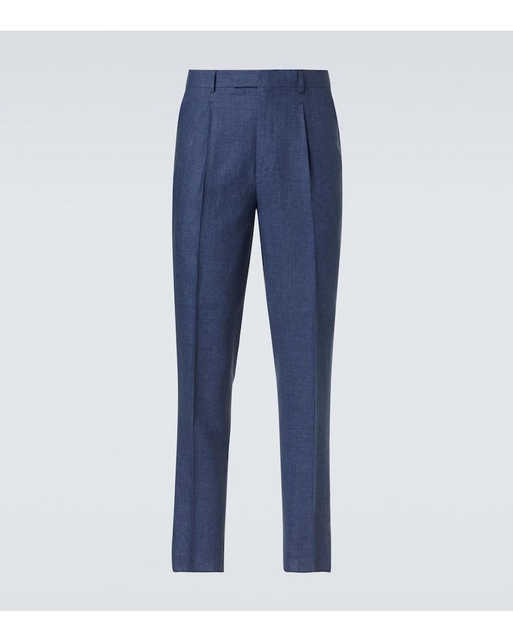 Zegna Blue Linen Slim Pants for men