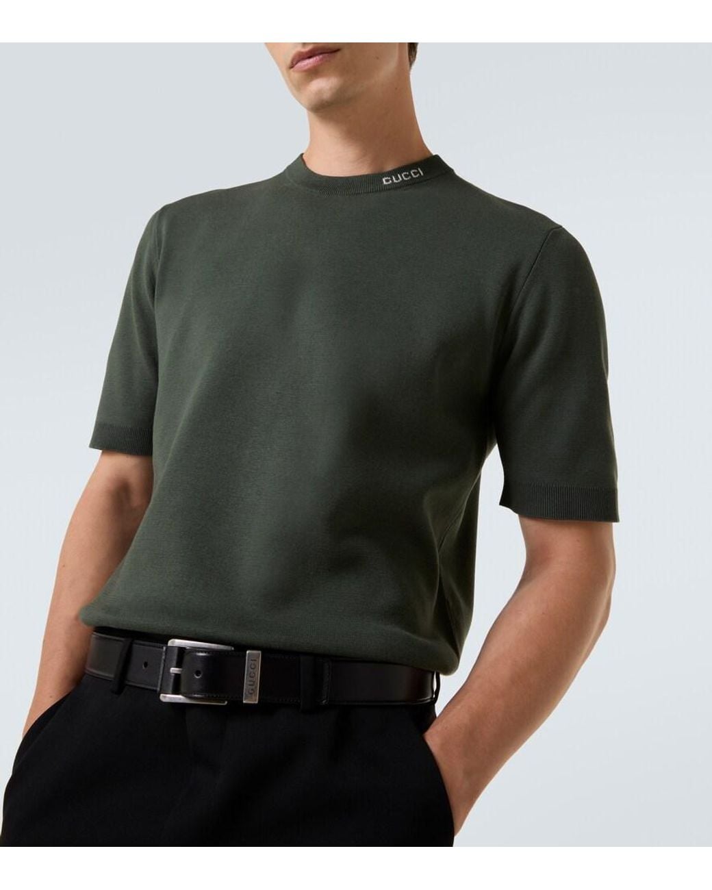 Gucci Green Silk Cotton Knit T-Shirt With Intarsia for men