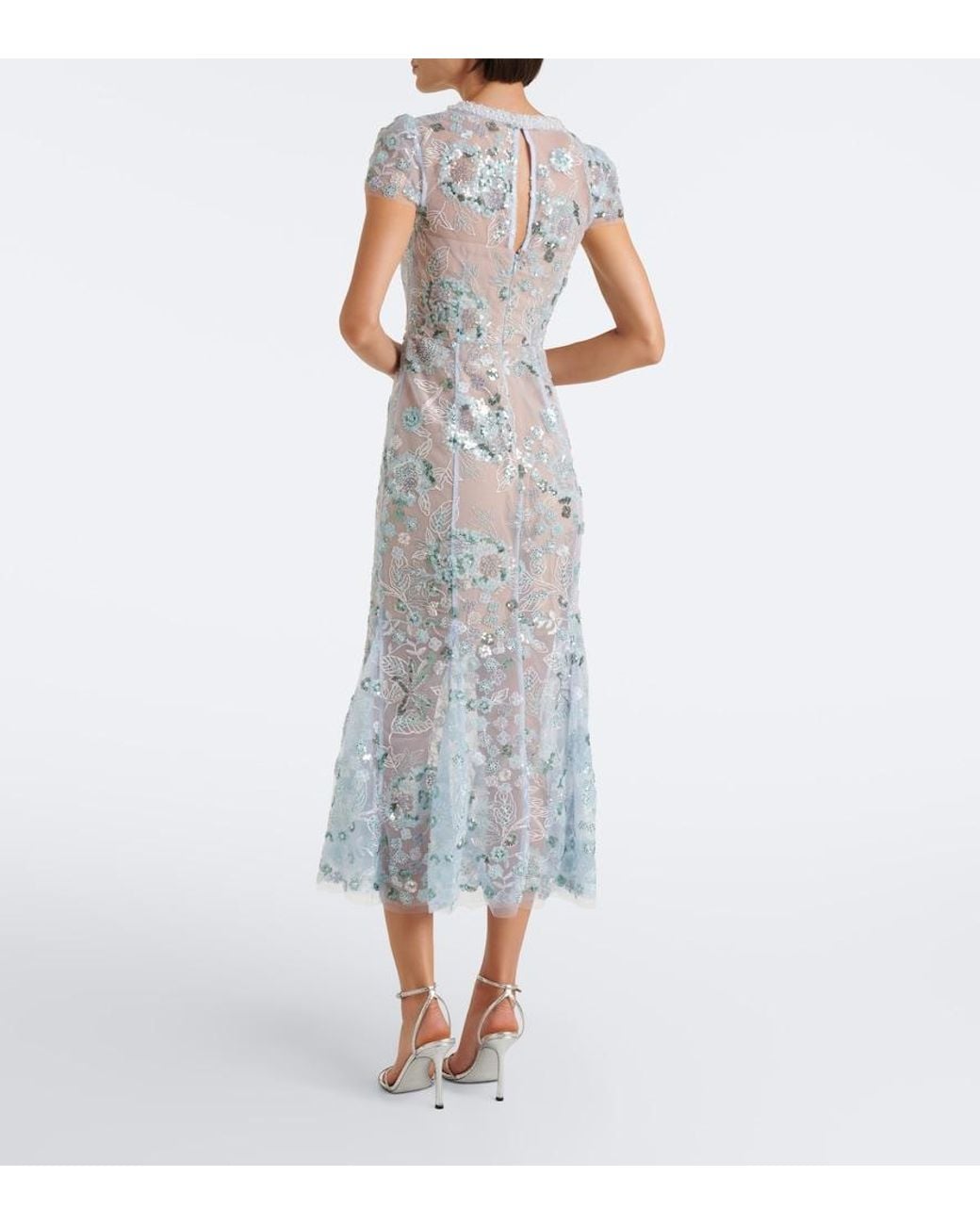 Self-Portrait Blue Floral Sequined Tulle Midi Dress