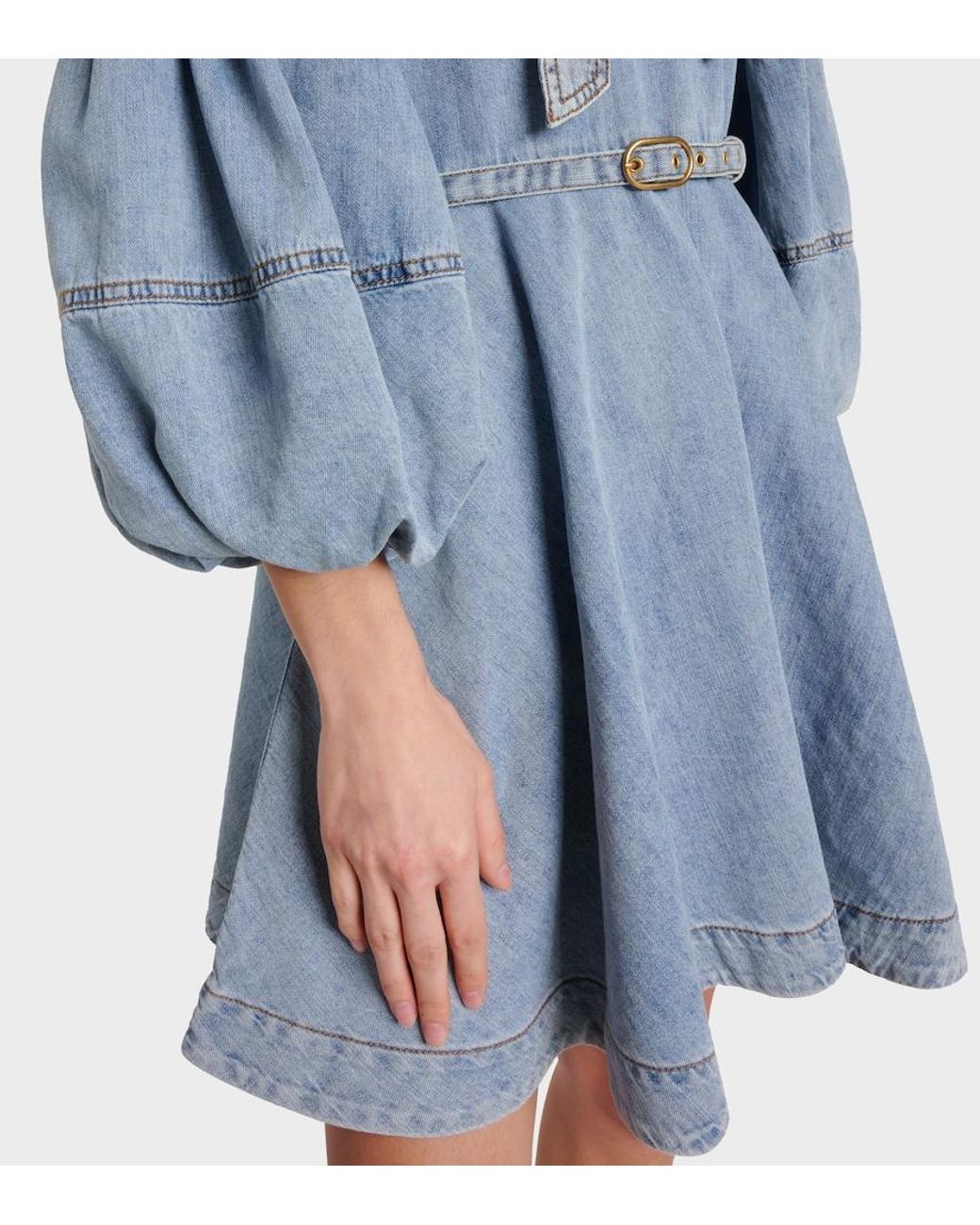 Zimmermann Blue Tie-Neck Puff-Sleeve Denim Minidress