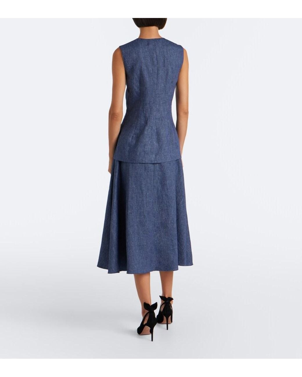 Carolina Herrera Blue Linen, Wool, And Silk-Blend Midi Skirt