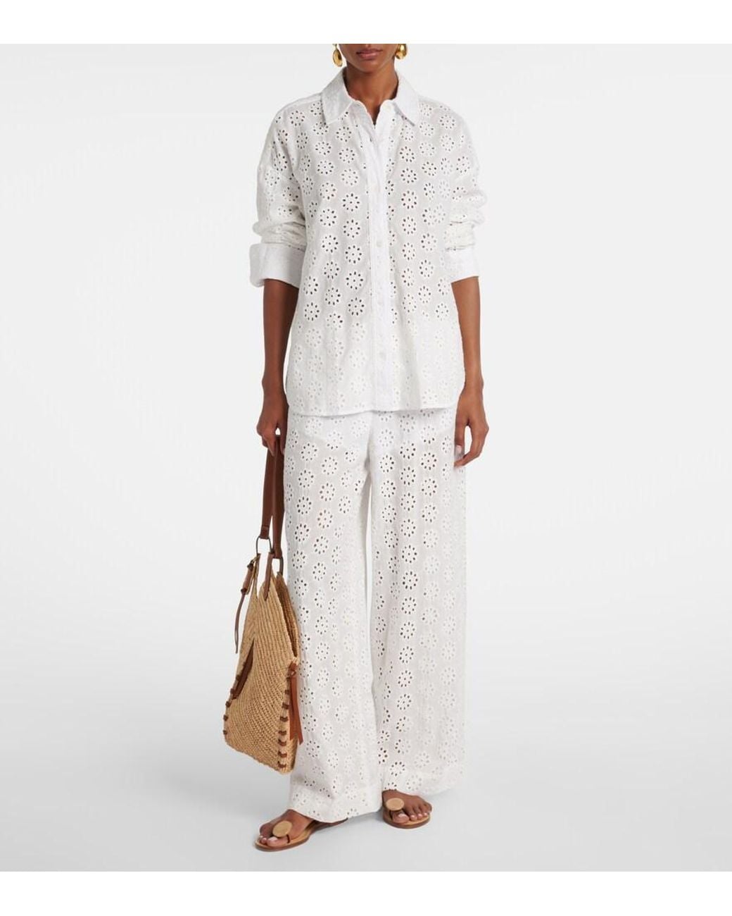 Staud White Bonfire Eyelet Cotton Wide-Leg Pants