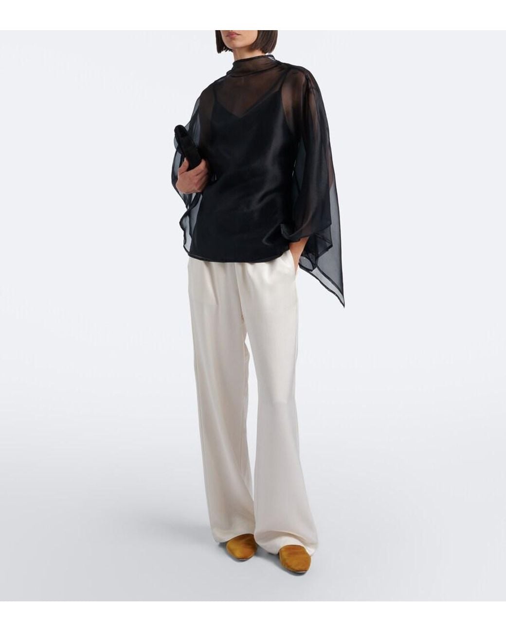 Staud Black Fia Draped Silk Organza Top