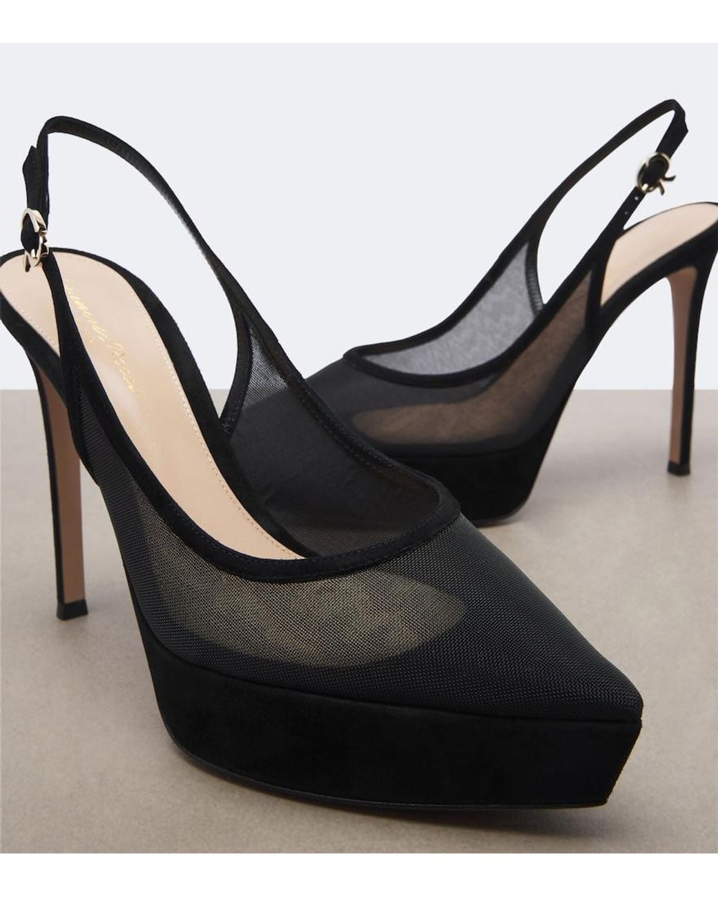 Gianvito Rossi Black Suede-Trimmed Mesh Platform Slingback Pumps