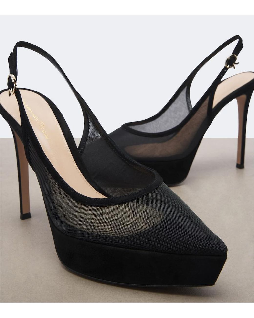 Gianvito Rossi Black Suede-Trimmed Mesh Platform Slingback Pumps