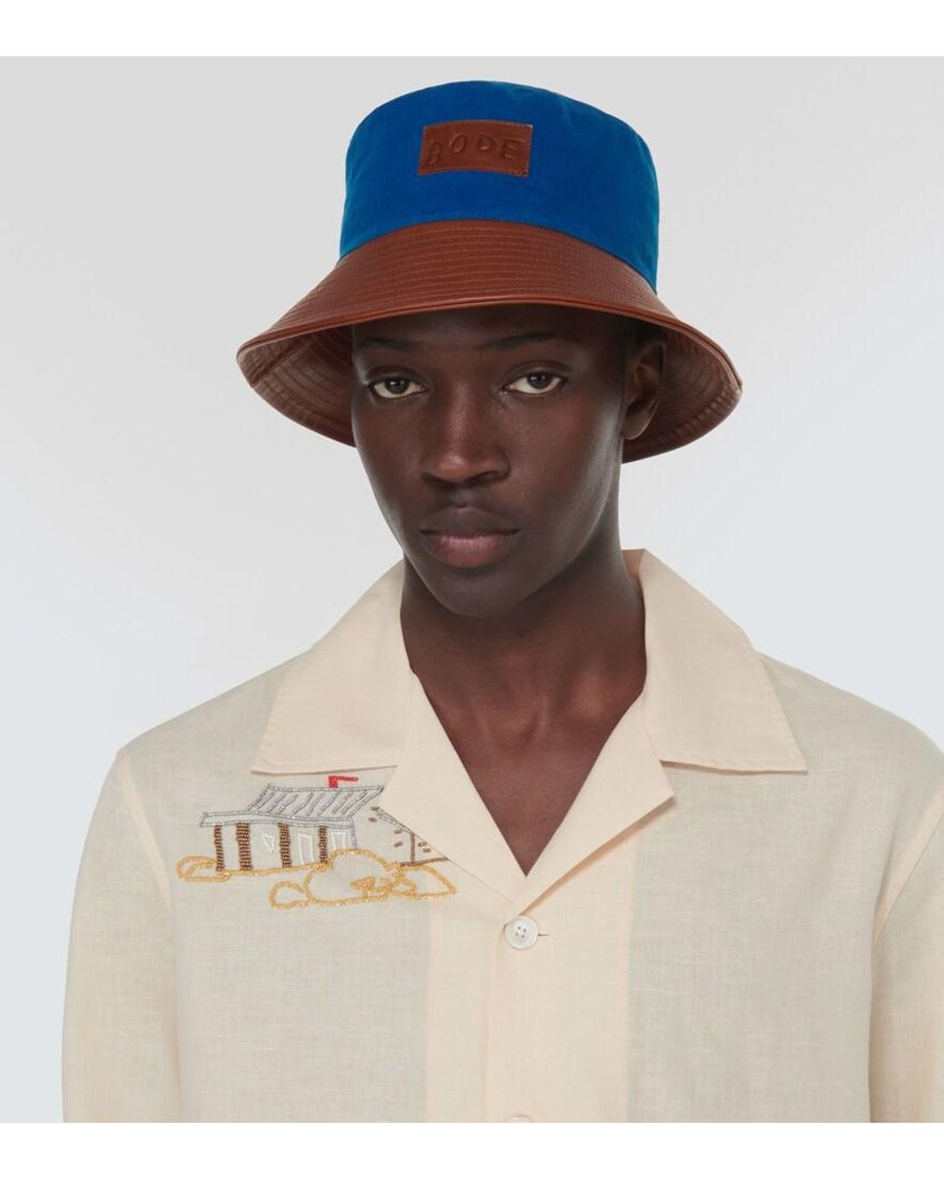 Bode Blue Cotton And Leather Bucket Hat for men
