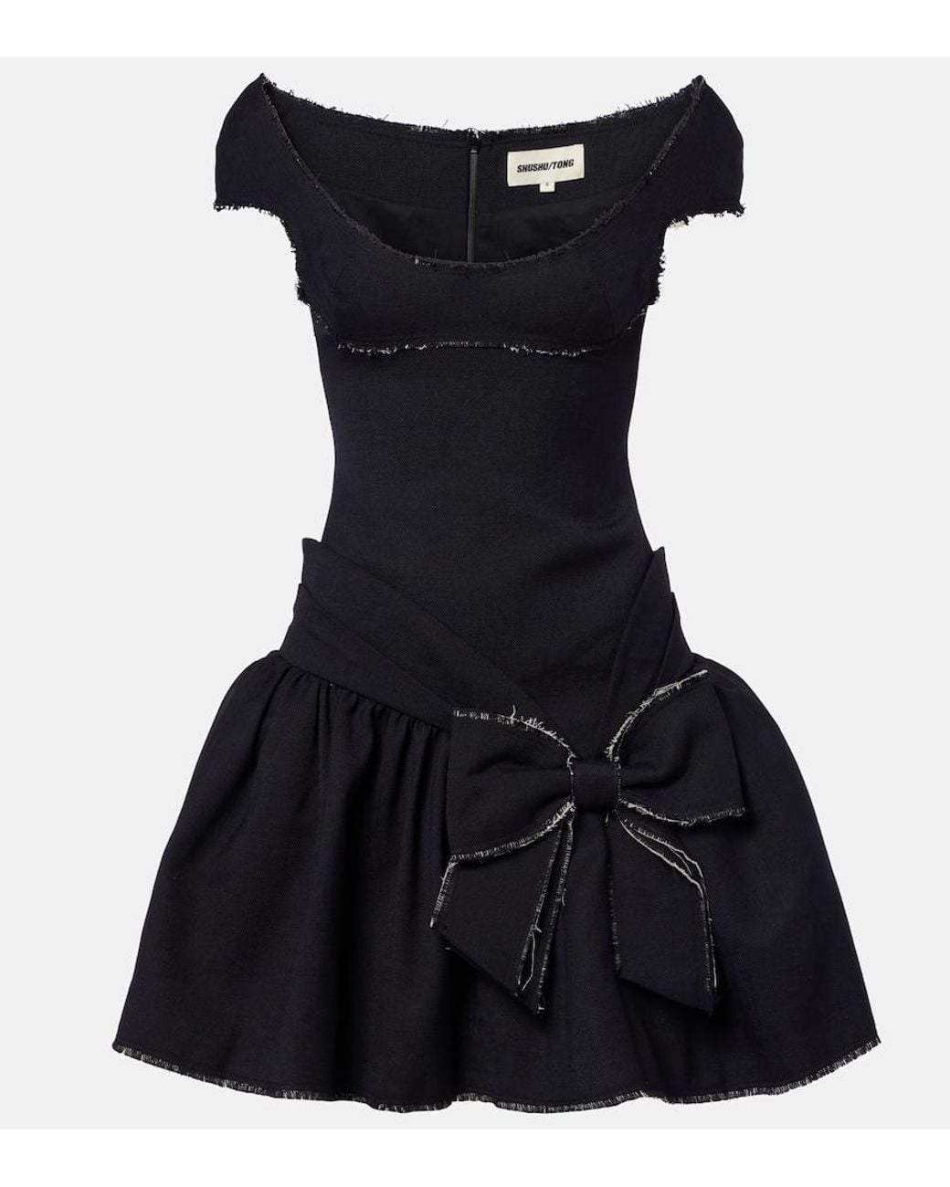 ShuShu/Tong Black Bow-Detail Distressed Tweed Minidress