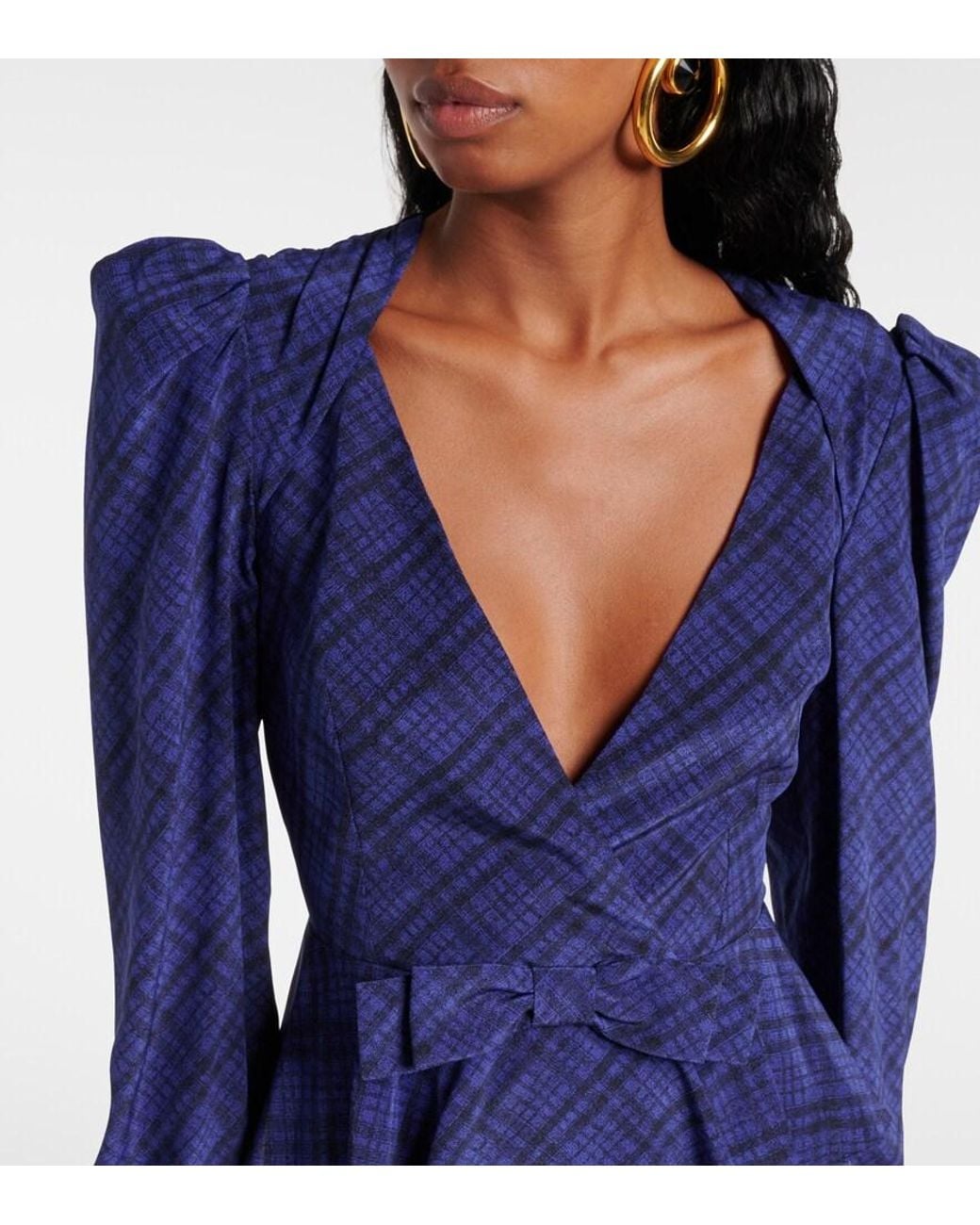 Alessandra Rich Blue Tartan Silk Midi Dress