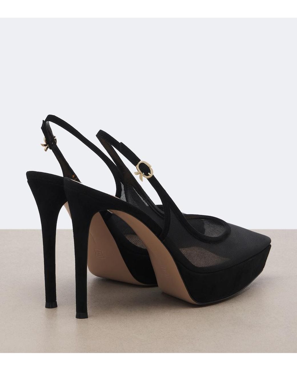 Gianvito Rossi Black Suede-Trimmed Mesh Platform Slingback Pumps