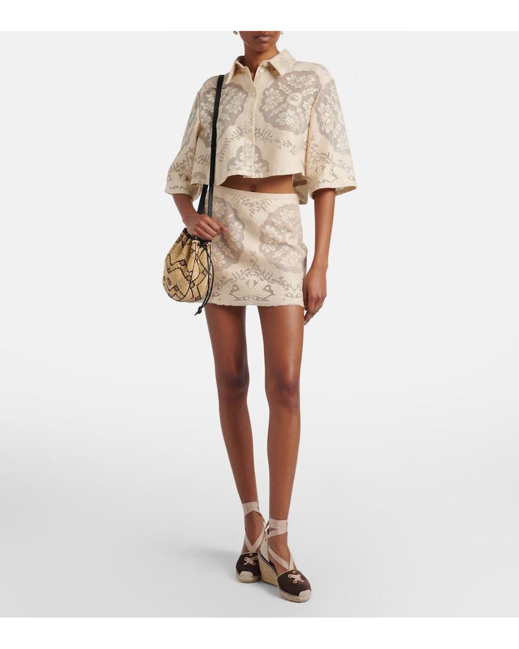 Valentino Garavani Natural Floral Cropped Cotton-Blend Shirt