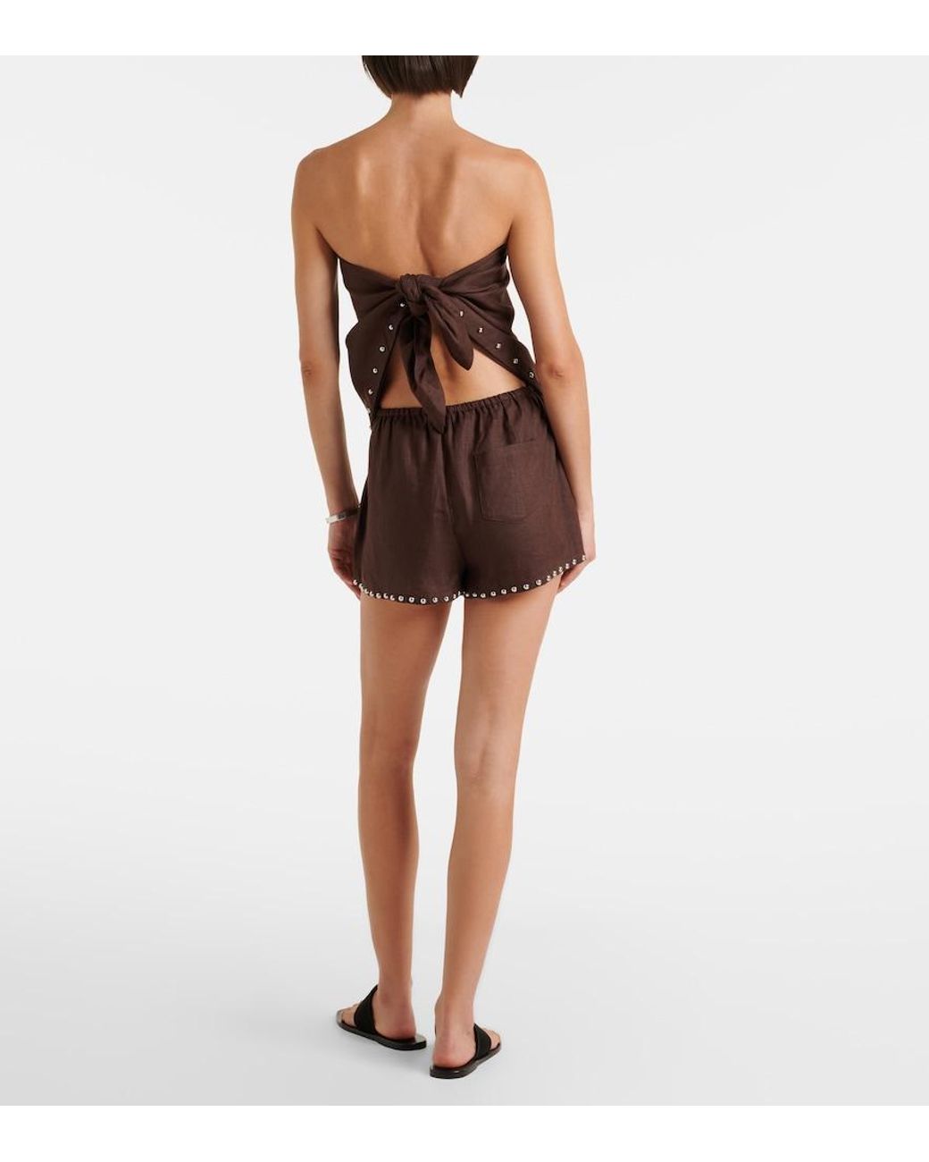 Staud Brown Paddle Studded Linen Shorts