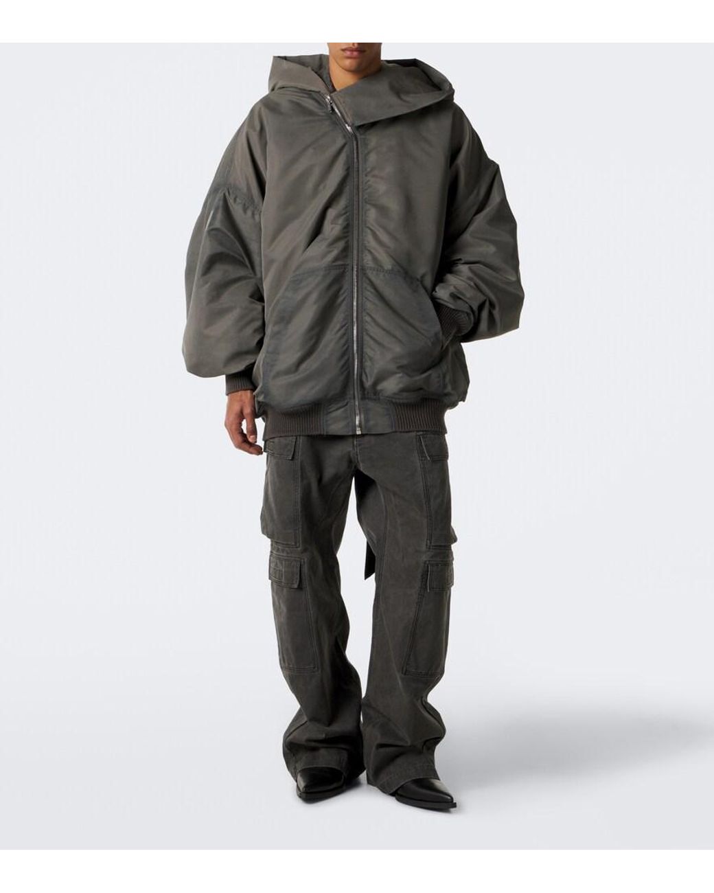 Rick Owens Gray Mountain Hun Satin Hooded Jacket for men
