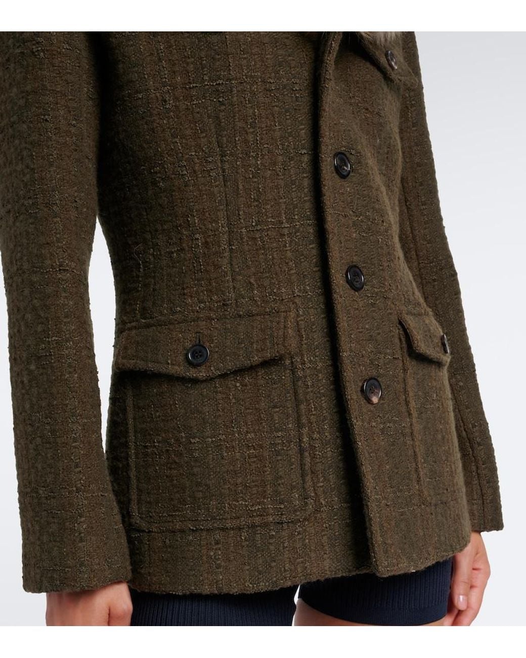 Saint Laurent Green Shearling-Trimmed Wool-Blend Tweed Jacket