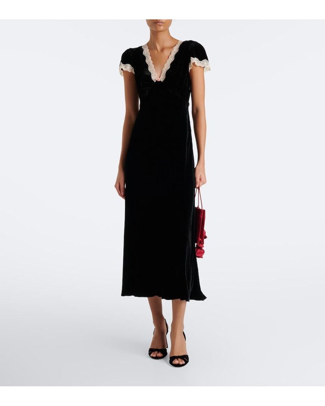 Rixo Black Clarice Lace-Trimmed Velvet Midi Dress