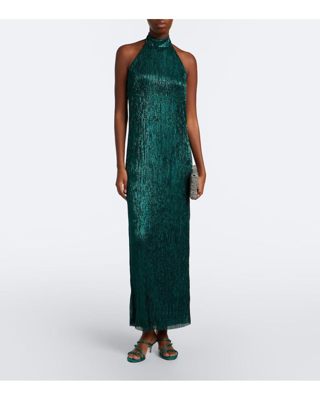 Cala De La Cruz Green Jeanne Halterneck Lame Gown