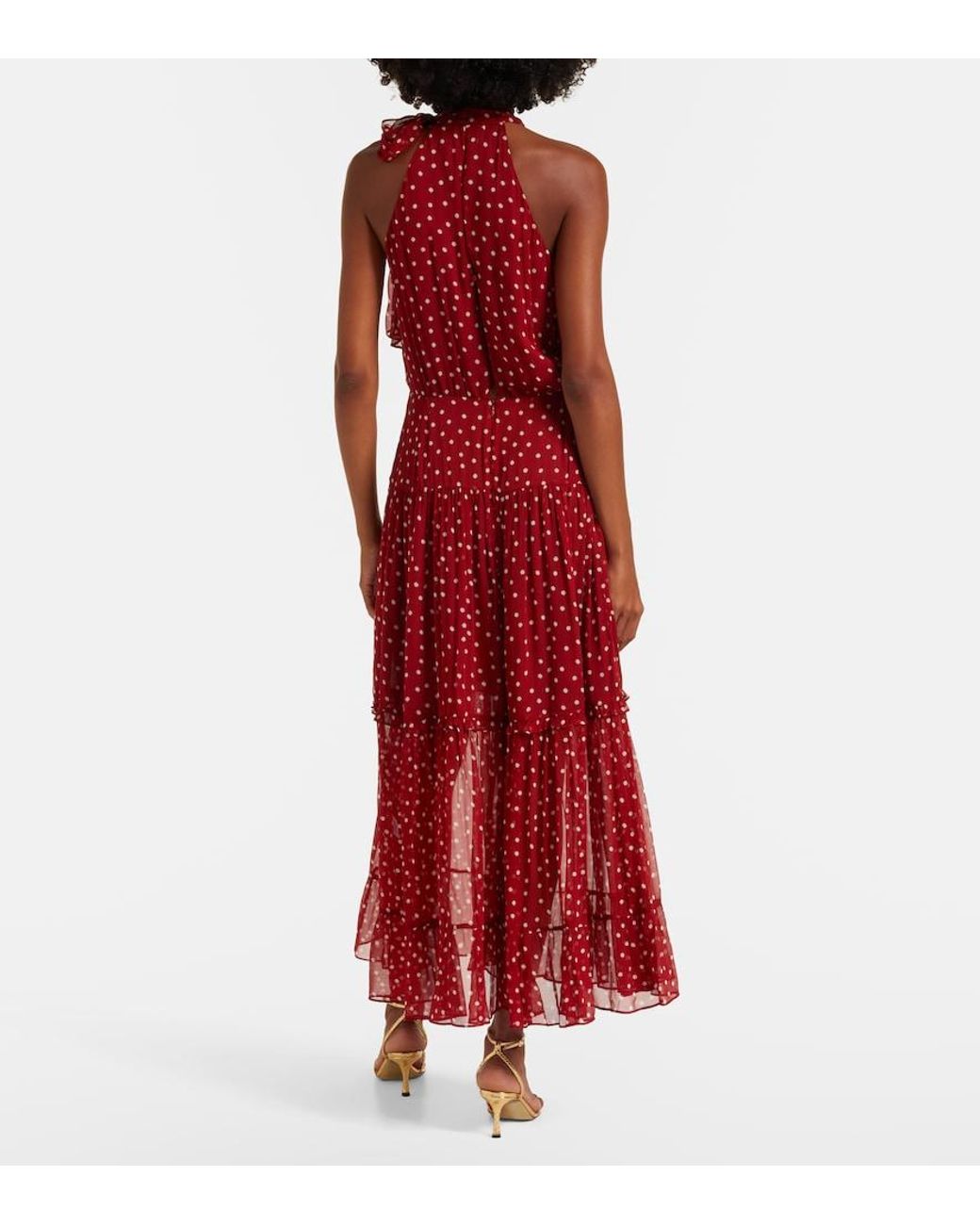 Rixo Red Abi Polka-Dot Chiffon Midi Dress