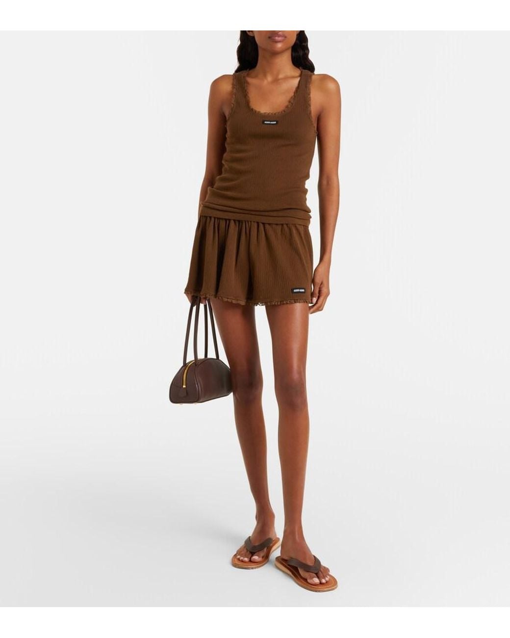 Miu Miu Brown Lace-Trimmed Pointelle Cotton Miniskirt