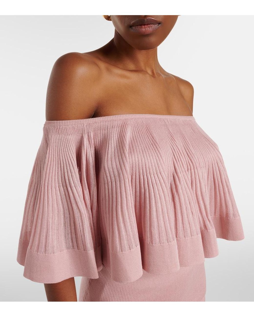 Zimmermann Pink Luna Knitted Ruffled Off-Shoulder Top