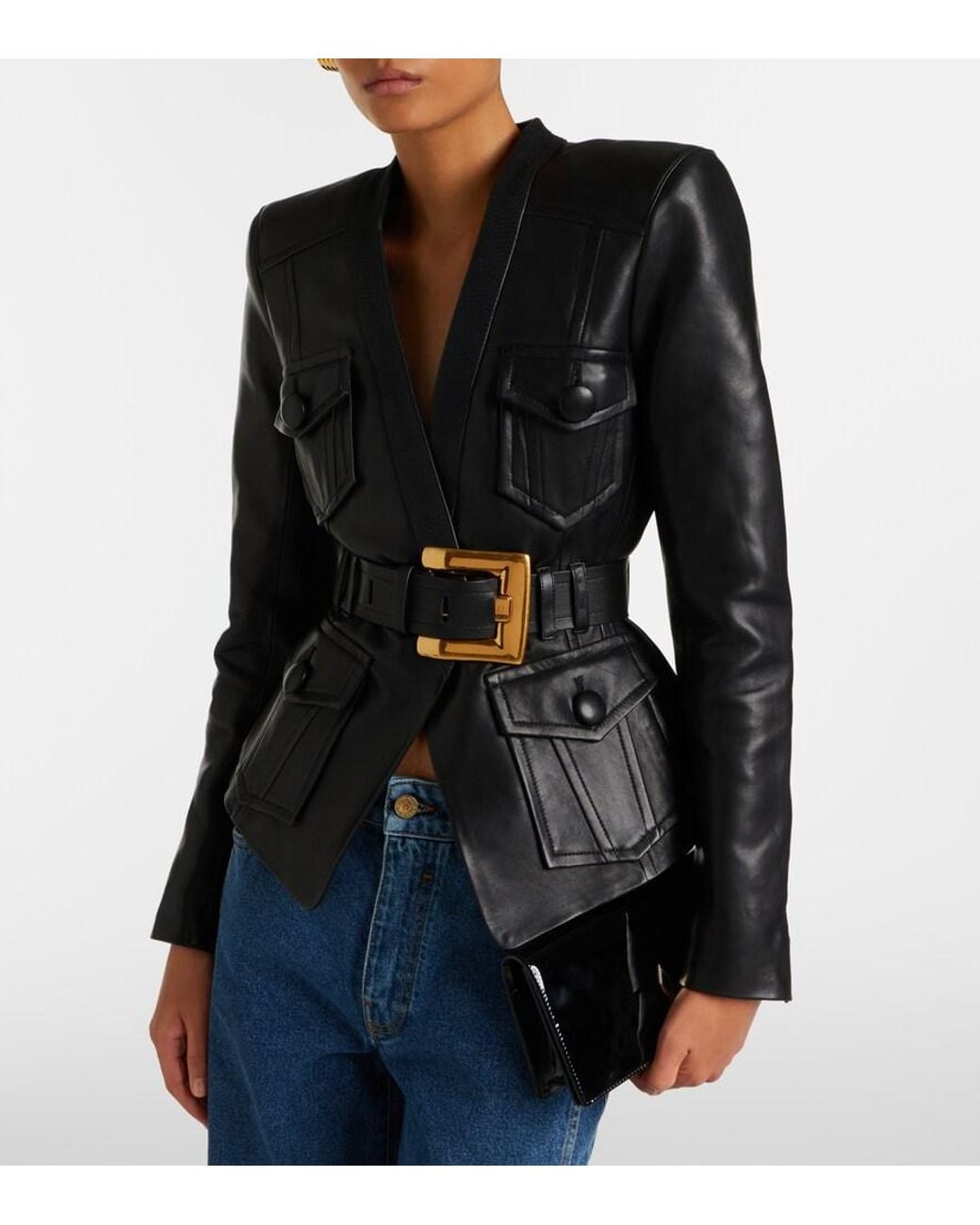 Balmain Black Belted Leather Jacket