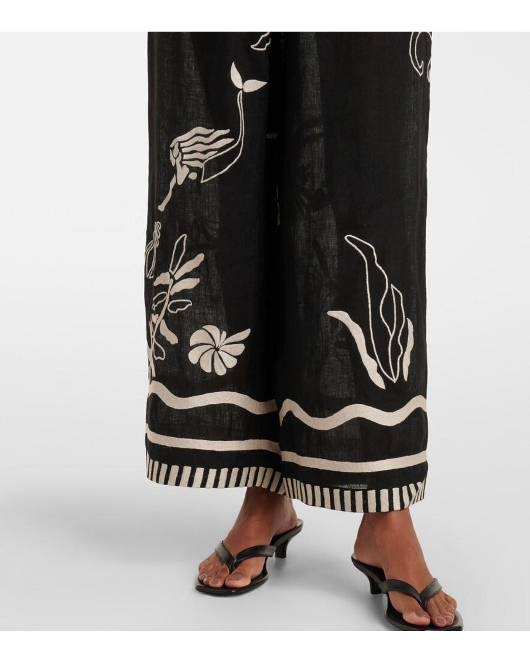 Eres Black Octopus Embroidered Linen Wide-Leg Pants