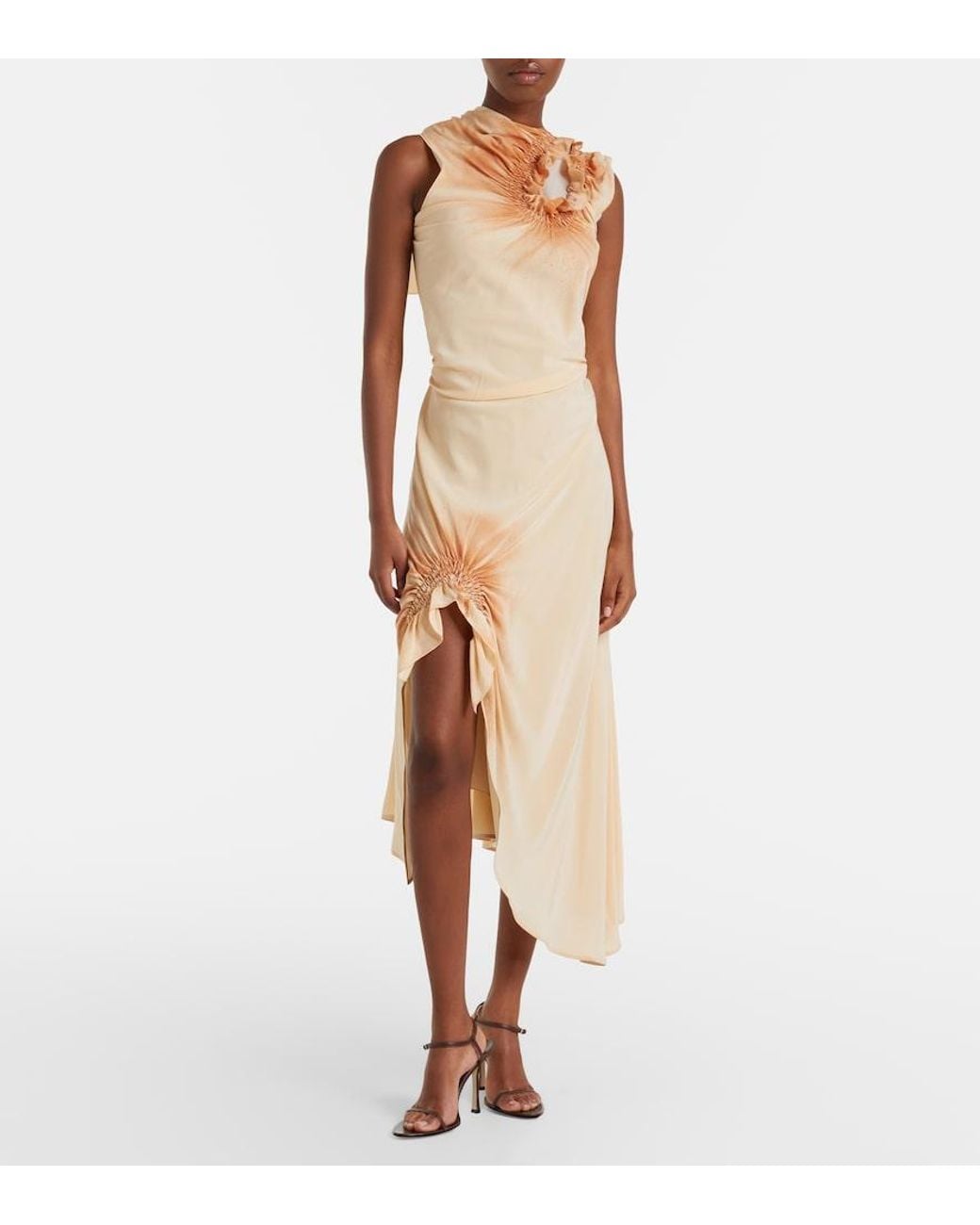 Victoria Beckham Natural Asymmetric Smocked Silk Cocktail Dress