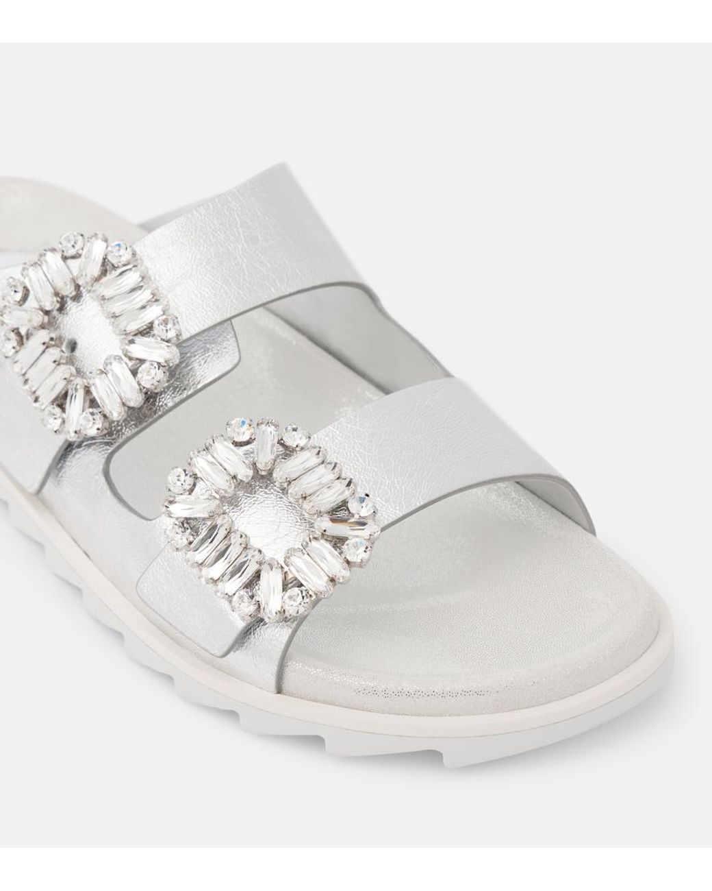 Roger Vivier White Crystal-Embellished Metallic Leather Slides