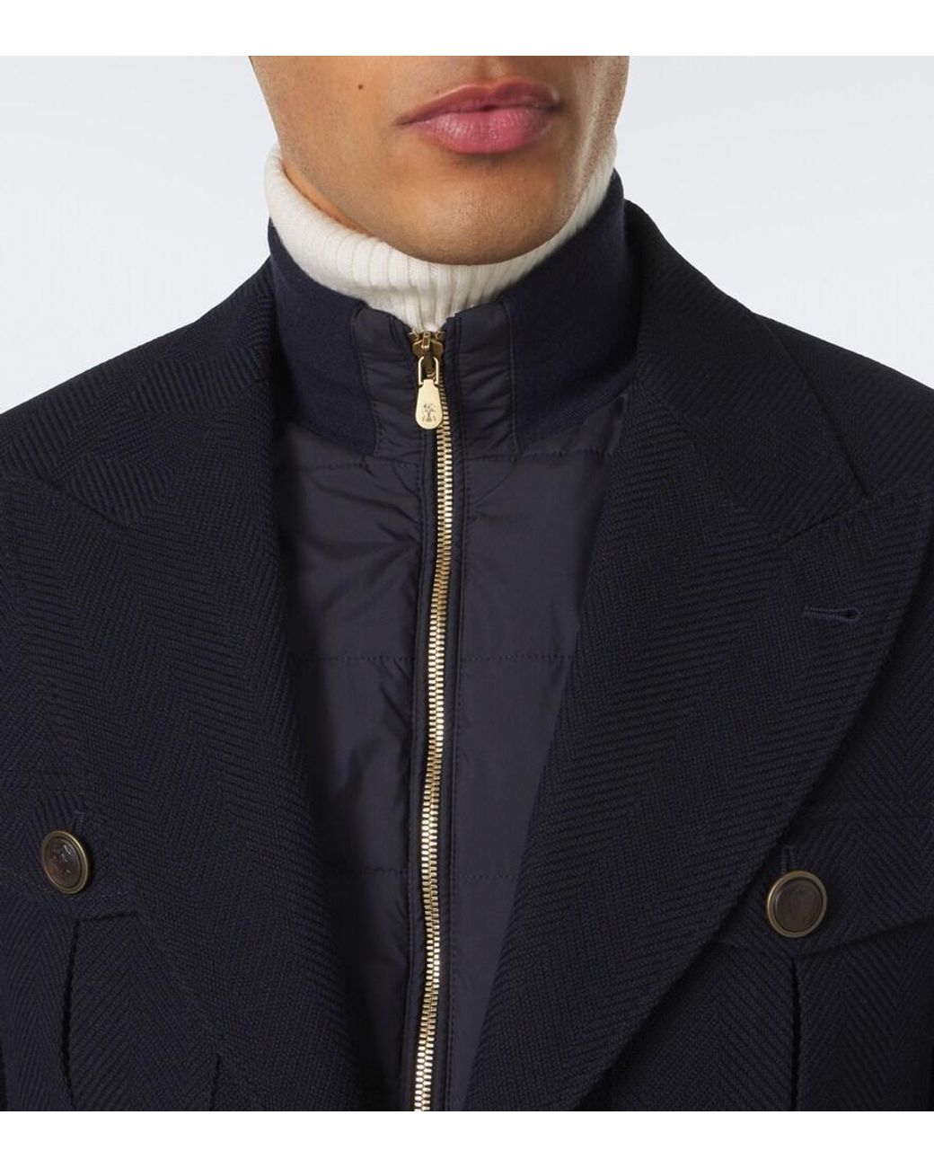 Brunello Cucinelli Blue Herringbone Layered Wool And Cotton Jacket for men