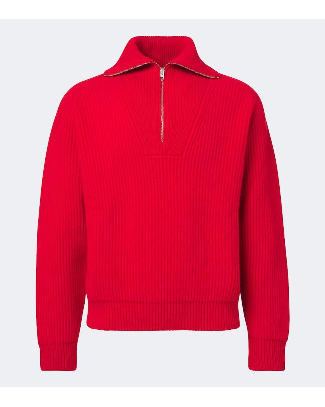 Jil Sander Red Ribbed-Knit Wool Half-Zip Sweater for men