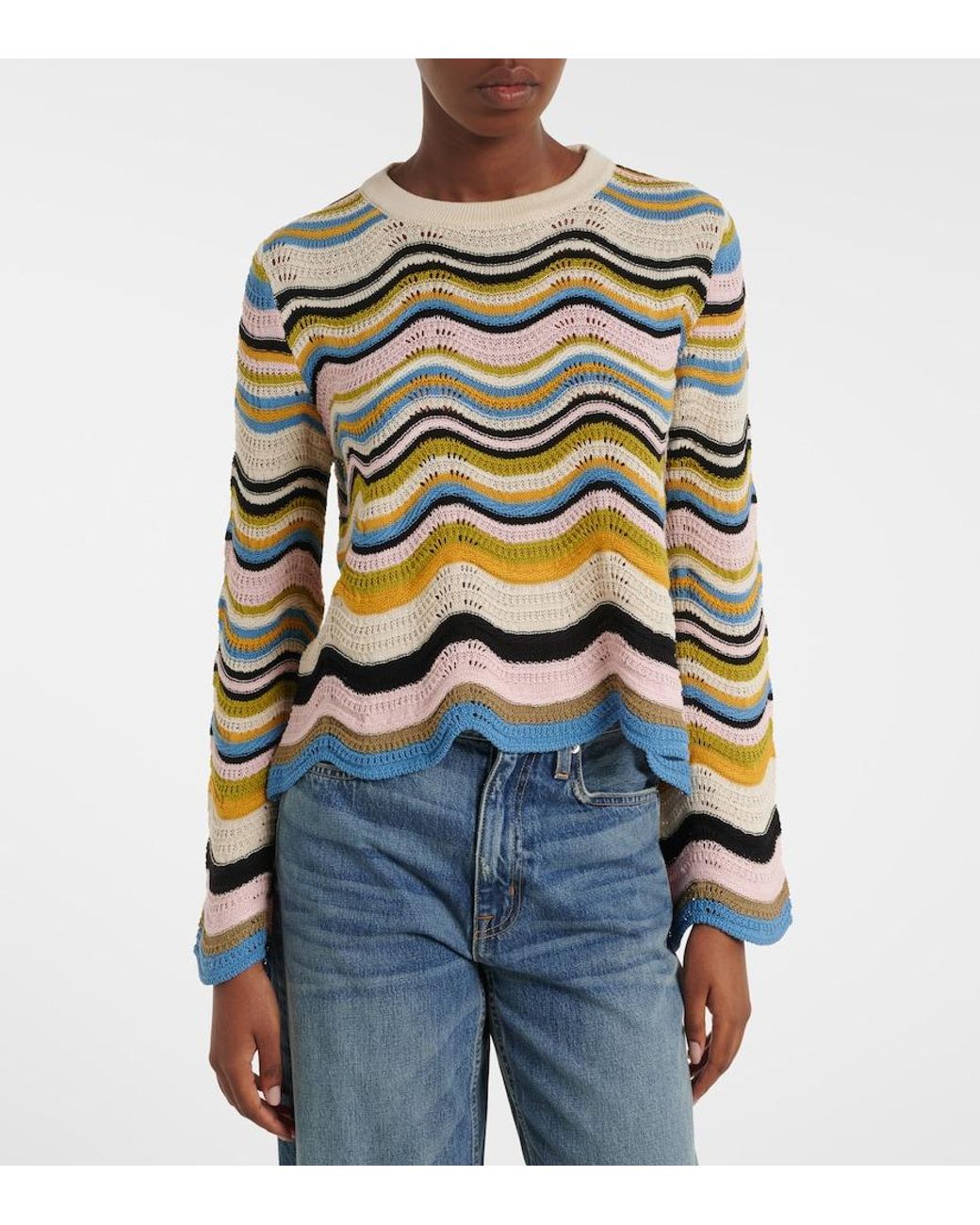 LaDoubleJ Metallic Chevron Crochet Cotton Sweater