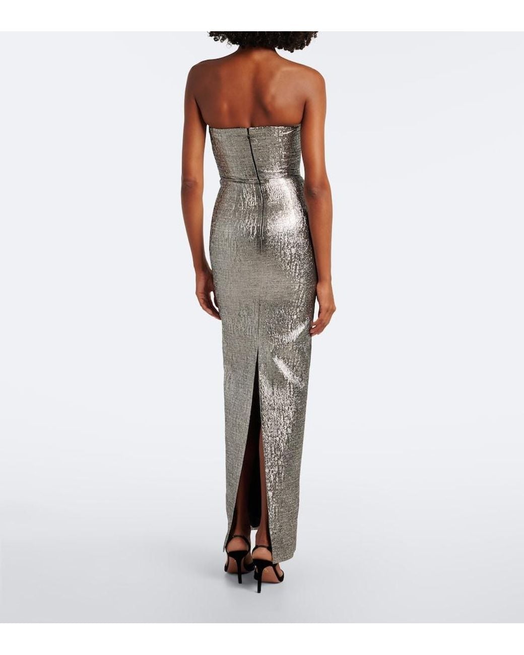 Roland Mouret Gray Pleated Lame Jacquard Bustier Gown