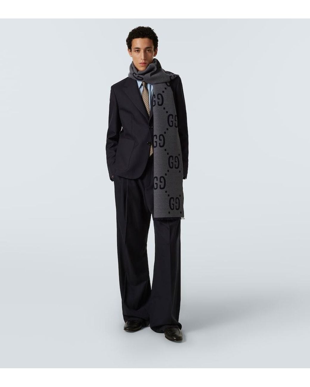 Gucci Gray Gg Jacquard Wool-Silk Scarf for men
