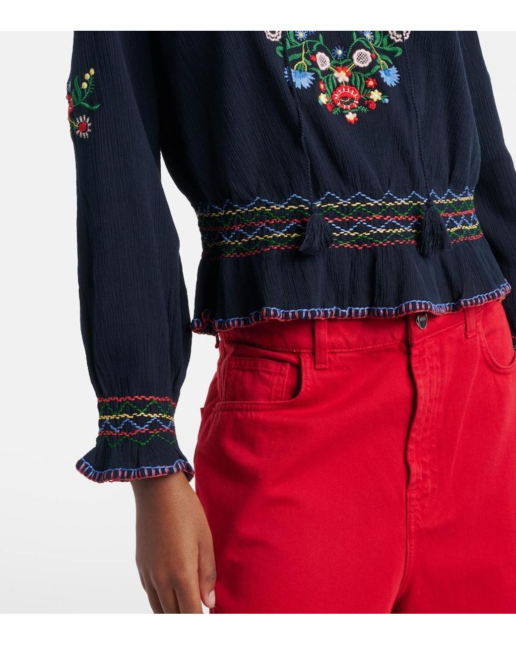 Rixo Blue Sofira Embroidered Cotton Top