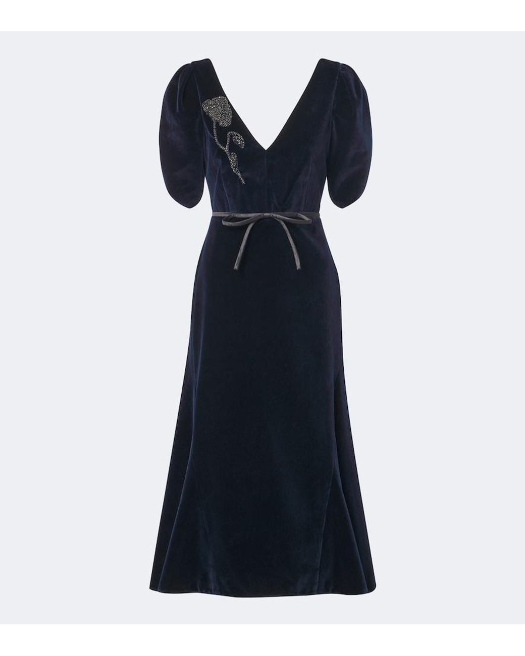 Erdem Blue Embellished Cotton Velvet Midi Dress