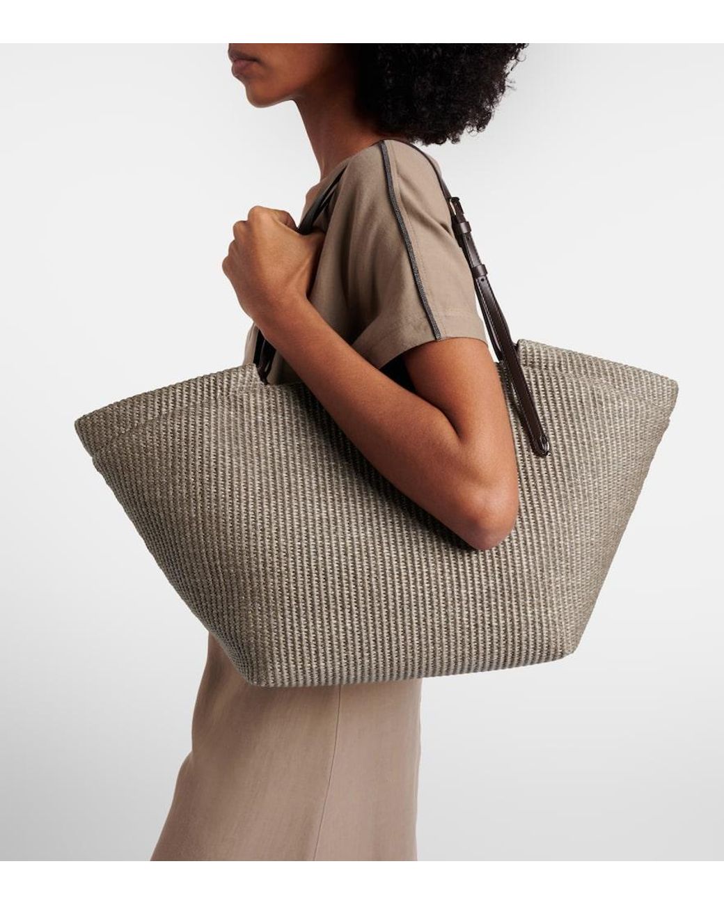 Brunello Cucinelli Gray Leather-Trimmed Raffia Tote Bag