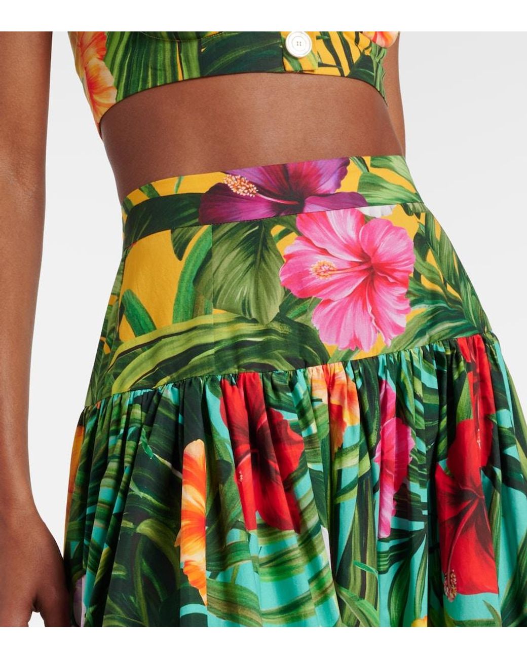Dolce & Gabbana Green Floral Tiered Cotton Maxi Skirt