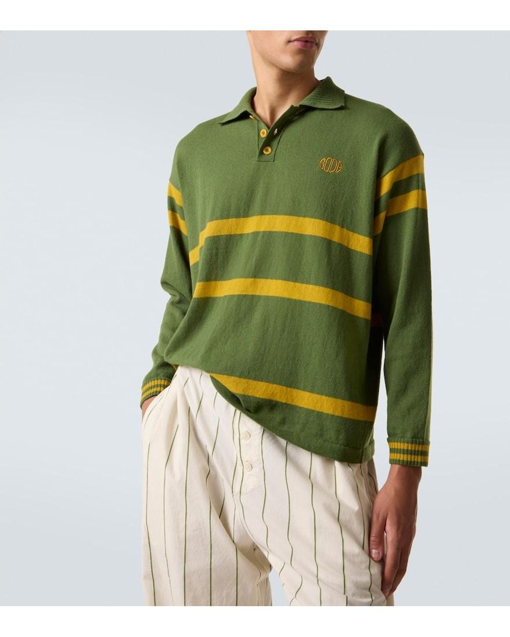 Bode Green Striped Virgin Wool Polo Sweater for men