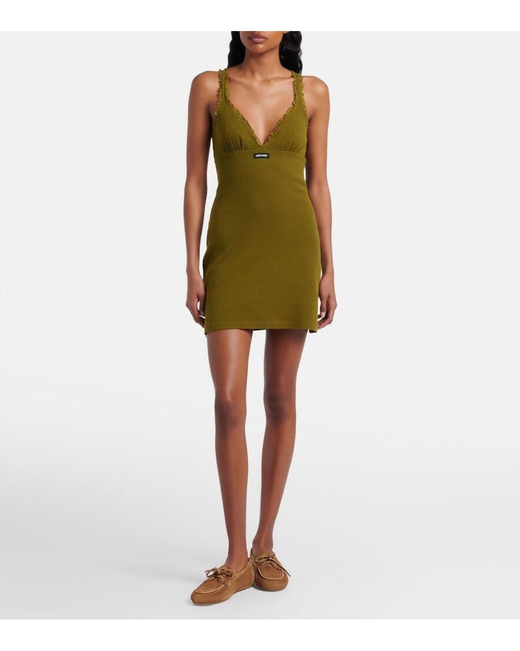 Miu Miu Green Lace-Trimmed Pointelle Cotton Minidress