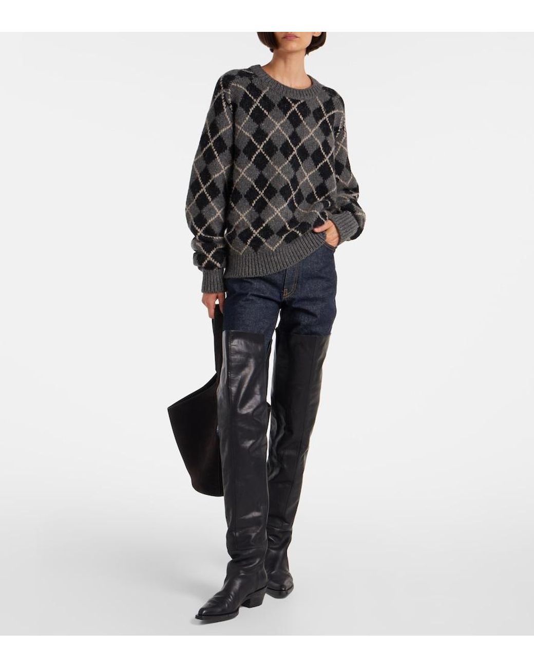 Khaite Black Pratt Argyle Cashmere Sweater