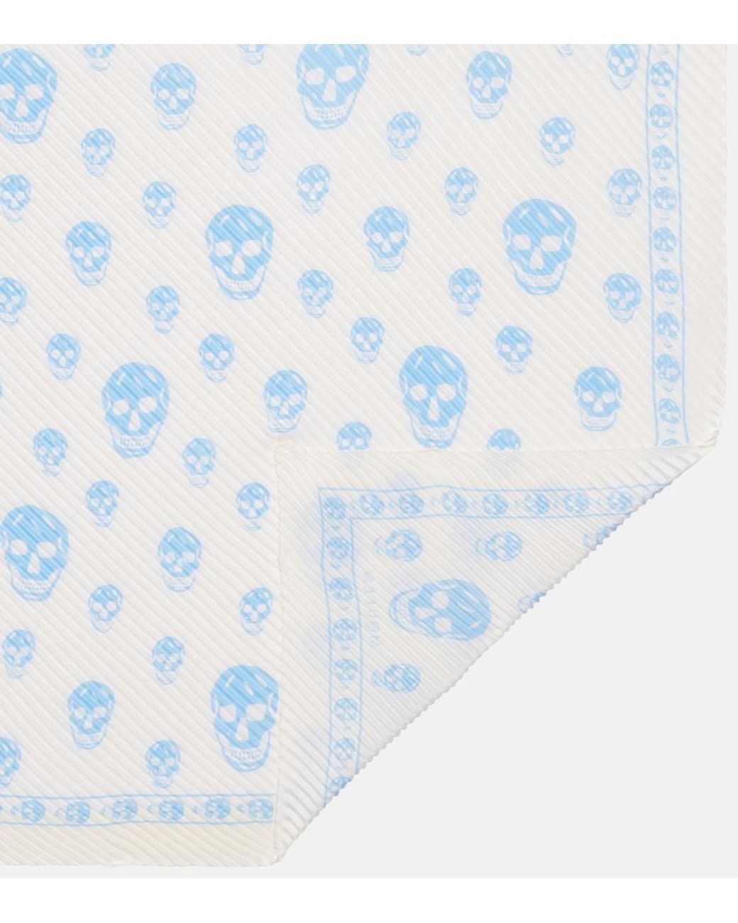 McQueen Blue Skull Pleated Silk Twill Scarf