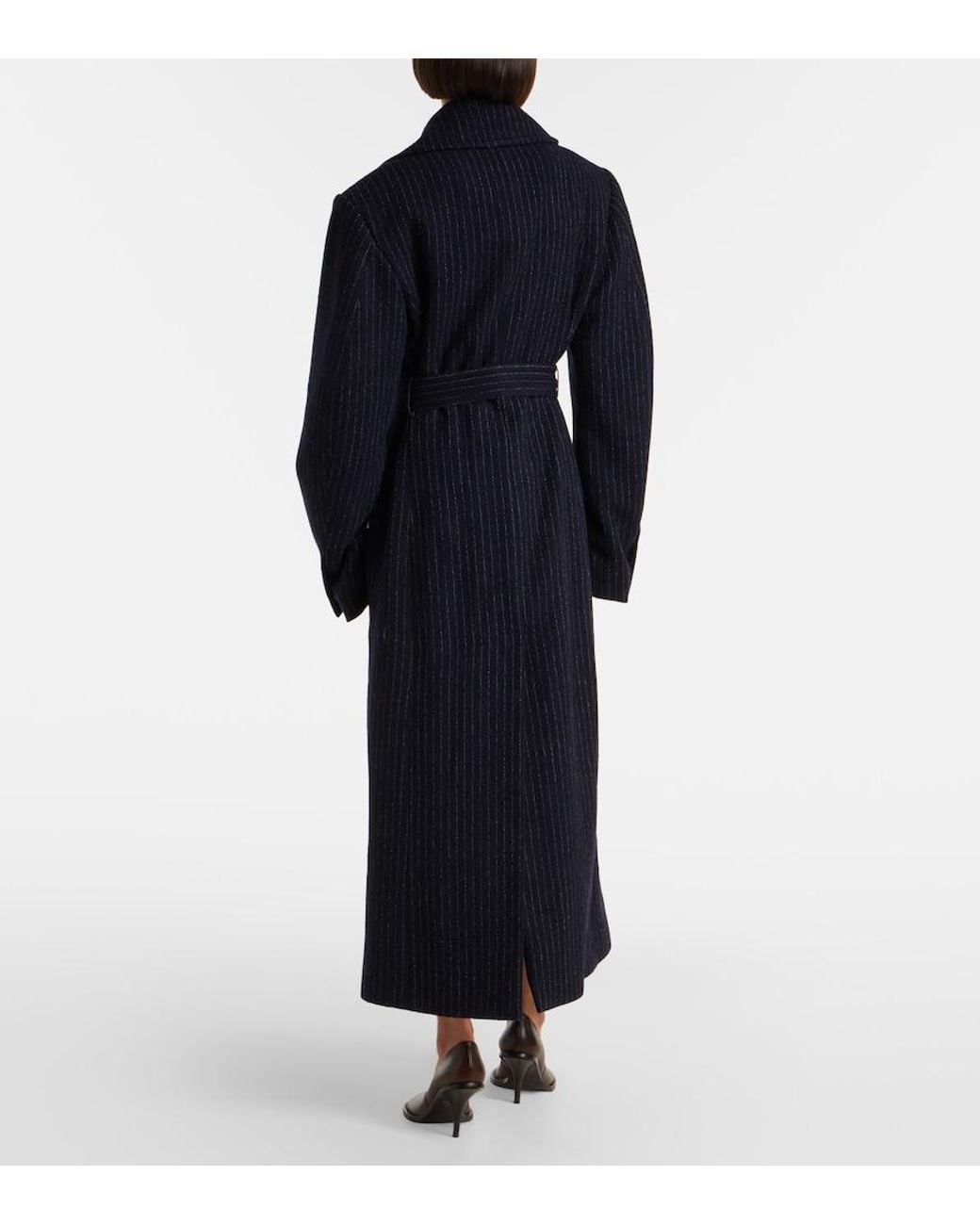 Dries Van Noten Black Belted Pinstriped Wool Coat