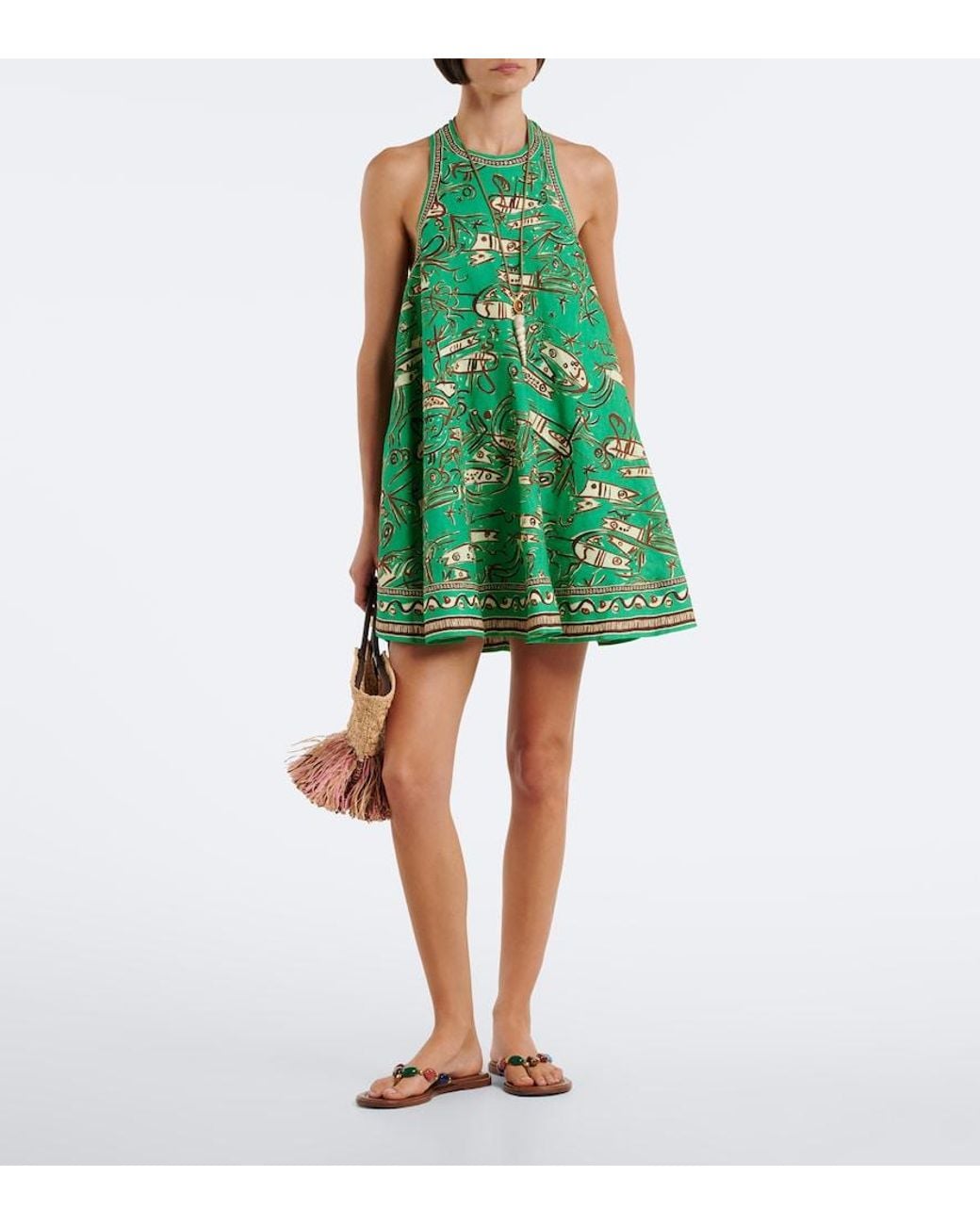 ALÉMAIS Green Fish Sticks Printed Linen Minidress
