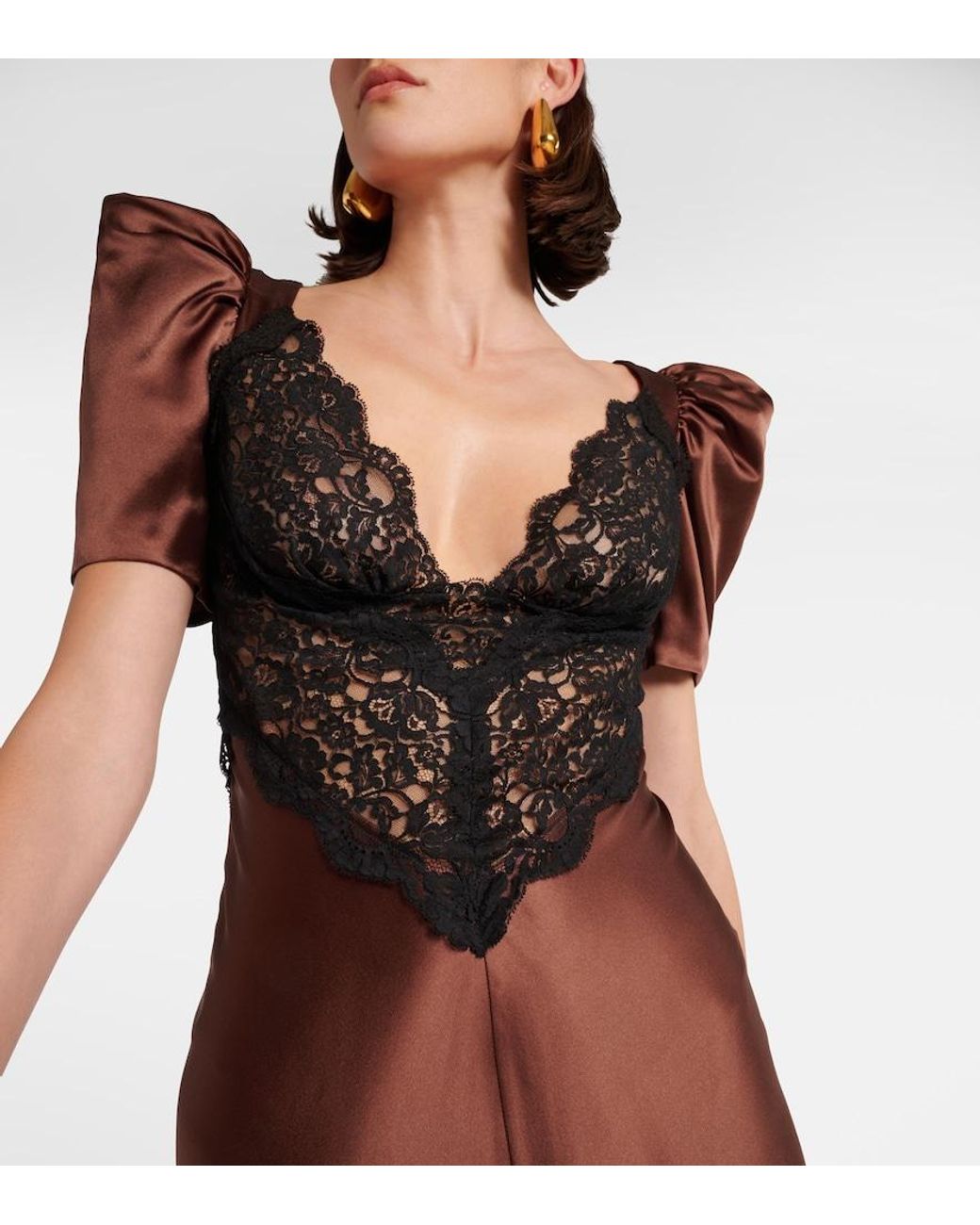 Rodarte Brown Lace-Trimmed Silk Charmeuse Gown