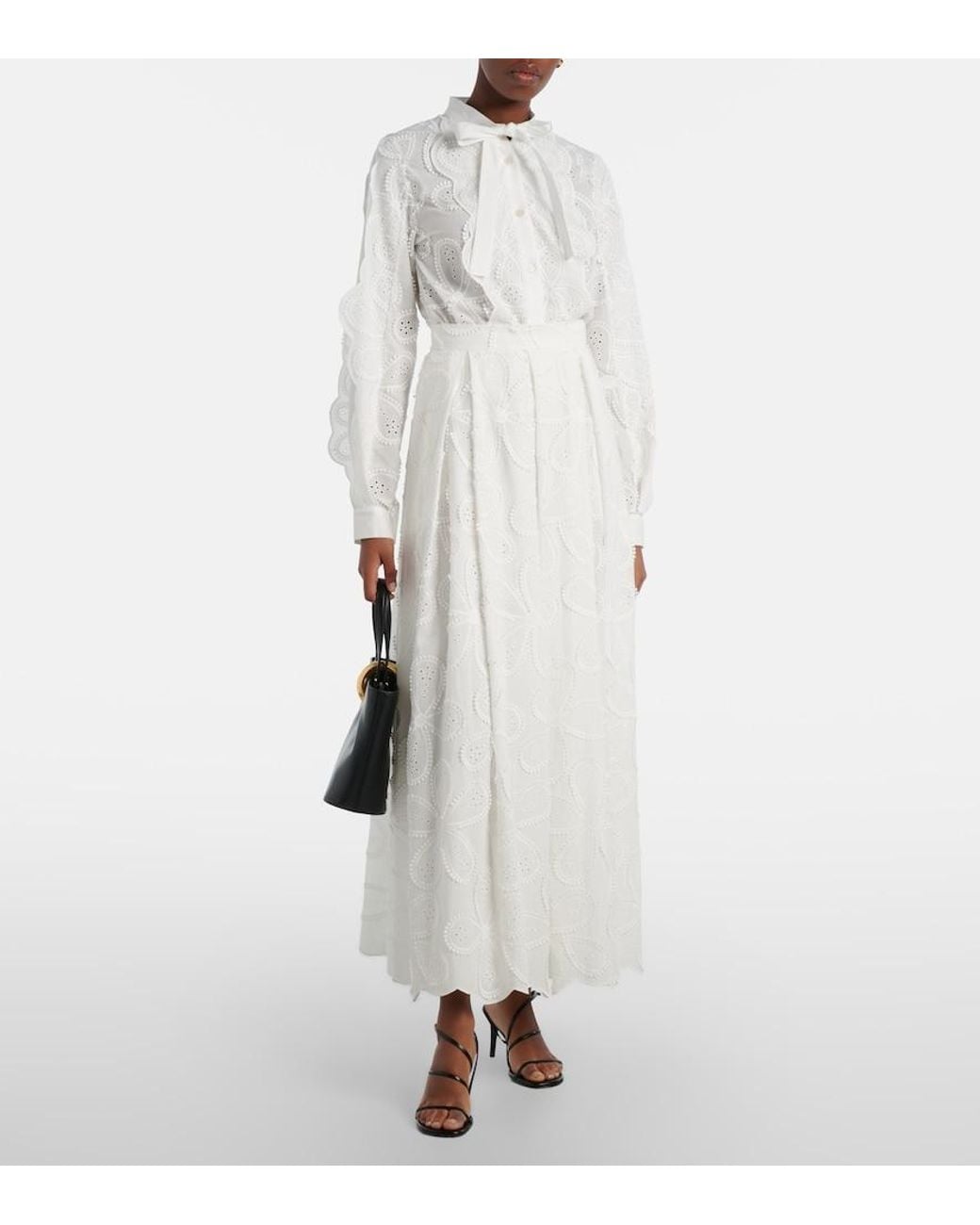 Elie Saab White Embroidered Cotton-Blend Maxi Skirt