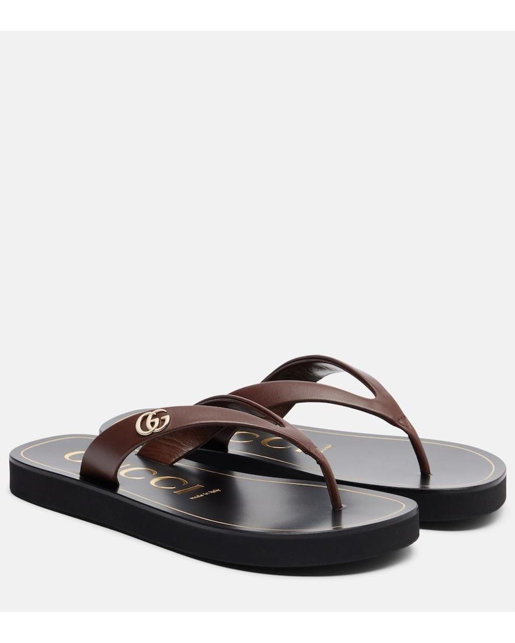 Gucci Brown Double G Leather Thong Sandals