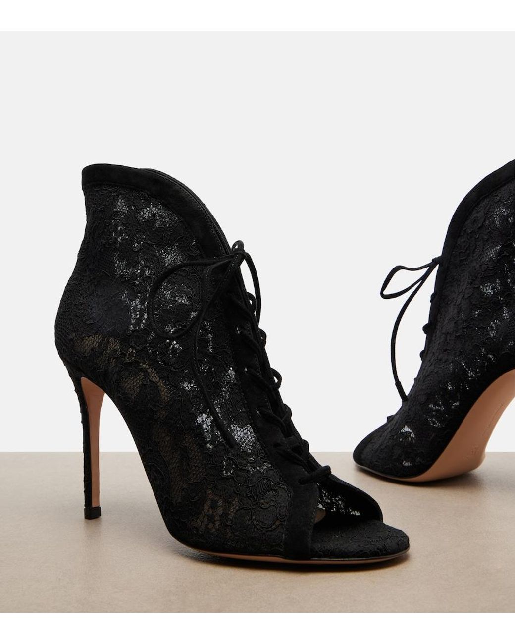 Gianvito Rossi Black Suede-Trimmed Lace Pumps